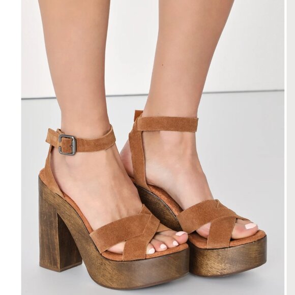 Lulus Laurel Cognac Vachetta Leather Platform Sandals Lnew - Picture 1 of 7